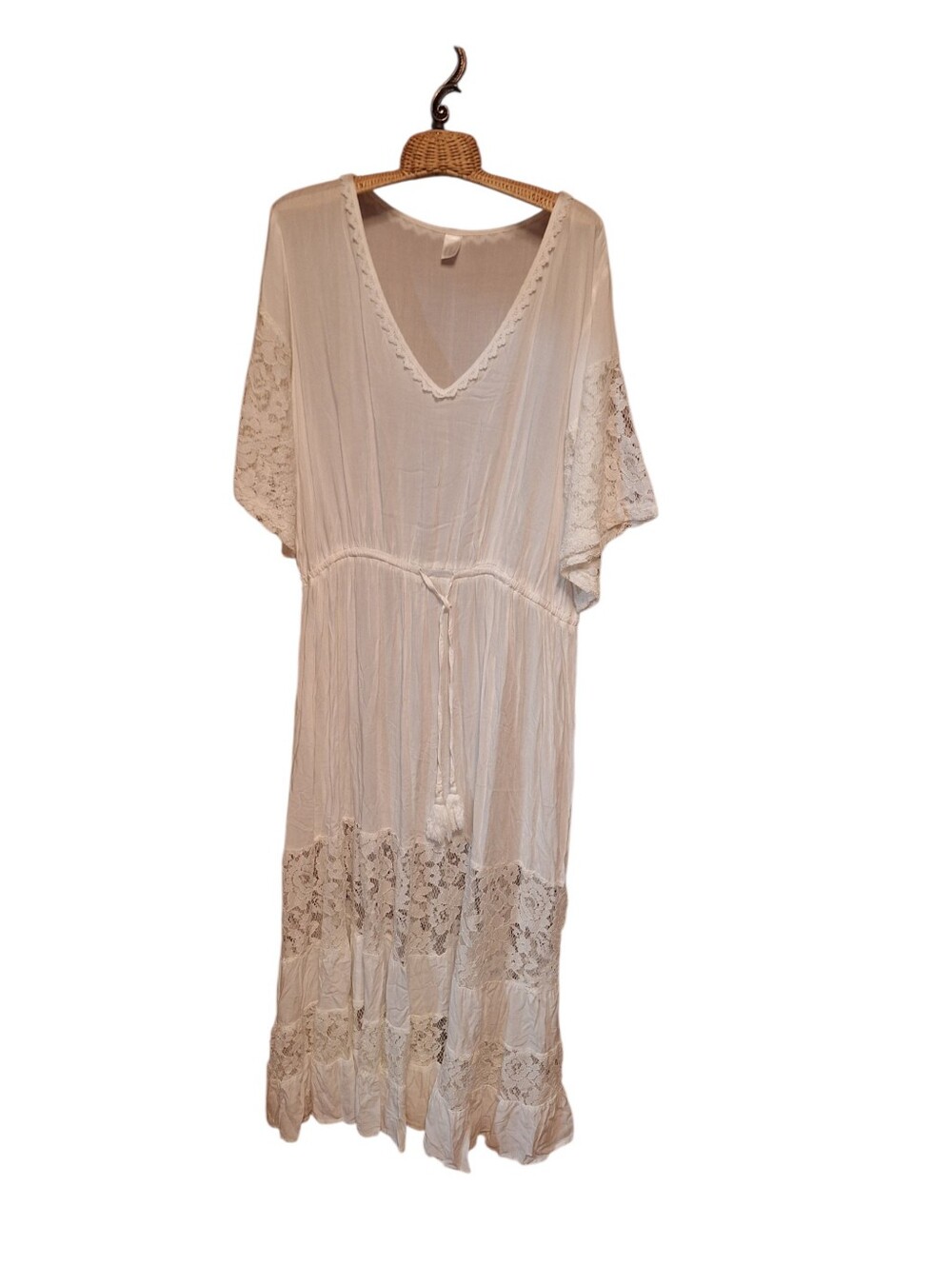 Ladies XXL White Summer Dress Short Sleeves Lace Trim Maxi Dress bohemian Clean